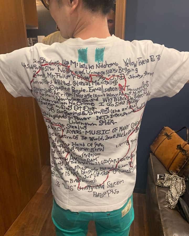 Japanese Fela fans wrote all his songs track list on his clothes