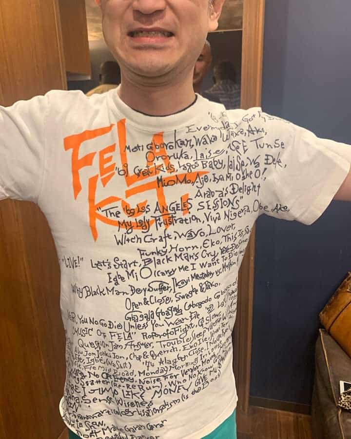 Japanese Fela fans wrote all his songs track list on his clothes