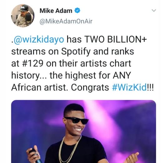 Wizkid Spotify 2 Billion Streams Tweet